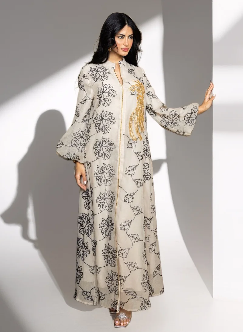 Bond  Beige & Gold Embroidered Floral Kaftan for Women | Best Price UAE